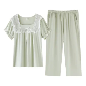 Conjunto de pijama de algodón corto de manga corta para mujeres, verano dulce y juvenil
