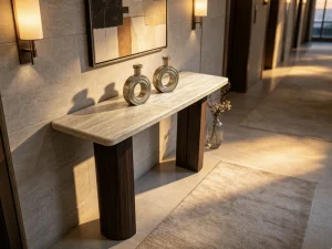 Contemporary Round Walnut Wood Console Table for Elegant Entryway Decor