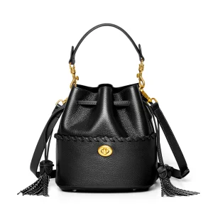 Women's Durable Genuine Leather Bucket Bag Casual Fashion Drawstring Design Crossbody Shoulder Bag 3L+ 3pcs All Seasons