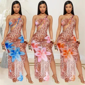 Women's New European American Style Asymmetric Neck Floor-Length Foreign Trade Hollow Sheer Mesh Printed