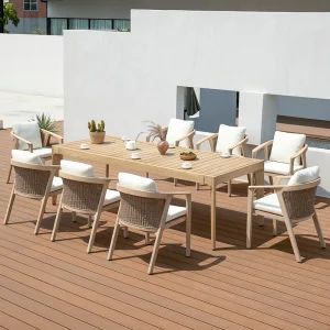 Outdoor Furniture Courtyard Garden High Quality Teak Wood Dining Table Rattan Dining Chair Set