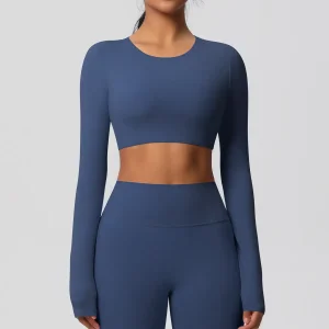 Blusa de Yoga Cropped de Manga Longa Azul Sólido com Distintivo