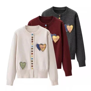 Plus Size Women's Knit Cardigan with Heart-Shaped Color Buttons Round Neck Loose Fit Sweater