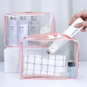 Waterproof Private Label Beauty Makeup Bag Professional Zipper Toiletry Bag Clear Pink Cosmetic Travel Bag Custom Logo