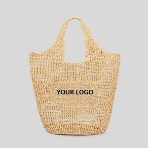 Aceptar bolsas de playa de paja trenzadas a mano de color sólido personalizado y portátil de verano