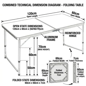 120cm Folding Table Portable Adjustable Height Picnic Table