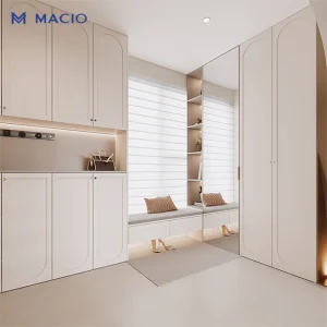 MACIO Custom French Entryway Cabinet Integrated Shoe Bench &amp; Full Length Mirror Closet Storage Cabinet for Villa Apartment