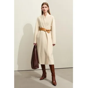 Roupas femininas personalizadas por atacado, casacos de caxemira de alta qualidade com fechamento de cinto de couro, ajuste longo, luxo para o inverno