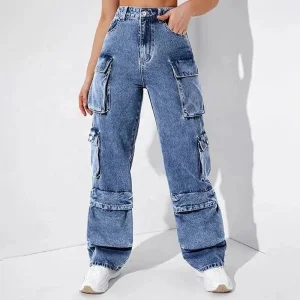 High Waist Relax Multi-Pocket Women Cargo Jeans Trousers