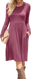 Vestidos Casuais Femininos de Manga Longa com Cintura Império, Vestido Solto com Bolsos