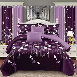 Microfiber Bed Linen Flat Sheets Duvet Cover Polyester Pillow Sham Pillowslips Comforter Set Printed Home Textile Purple Quilt Bedding Set with Curtain