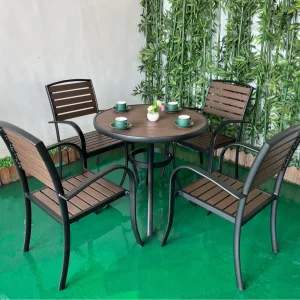 Outdoor Furniture Brushed Aluminum Frame Plastic Wood Restaurant Patio Outdoor Tables and Chairs Furniture