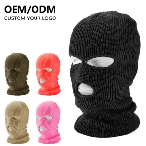 Custom Knitted Striped Balaclava with 3 Holes Embroidery Design Logo Face Mask Pink Neon for Sports Party Ski Use