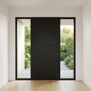Heavy Duty Weatherproof Solid Wood Pivot Entry Door With Camera Sidelight Aluminum Glass for Professional Apartment