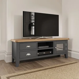 Charcoal Painted &amp; Natural Oak Large TV Unit Rectangular Entertainment Wall Storage TV Stand, Suit for Living Room, Hotel, Home Decor