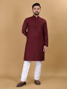 DESIGNER COTTON EMBROIDERY WITH SEQUENCE WORK MENS KURTA PAJAMA MAROON 72232