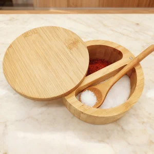 Kitchen Salt Pepper Spice Cellars Storage Container with Swivel Magnetic Lid Bamboo Seasonings Box