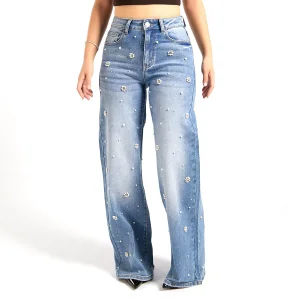 Calças Jeans Femininas Azuis de Cintura Alta e Perna Larga