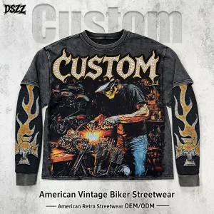 OEM ODM Unisex Loose Vintage Biker Long Sleeve T-Shirt