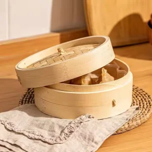 Small Order Chinese Tall 12 Inch Bamboo Vegetalble Steamer Set Wooden Handmade Cooker Yellow With Handle For Dumpling Dim Sum