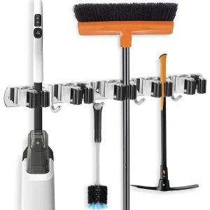 Multi-Functional Garden Tool Organizer with Stylish Silver Hook Wall-Mounted and Standing Type Hanger and Broom Rack