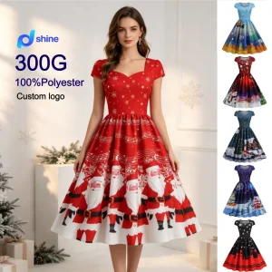 Vestido vintage de satén impreso con cuello cuadrado casual para mujer, estilo acampanado de Navidad