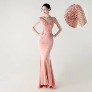 Lace and Rhinestone Back Strap Formal Dress