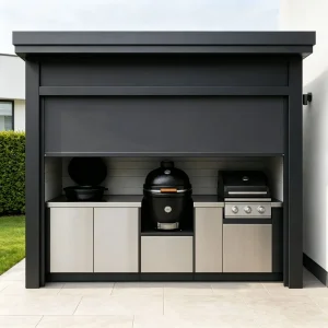 Tira de luz LED de lujo modular para cocina exterior con puerta abatible eléctrica de varilla de empuje, encimera de cuarzo, isla de barbacoa de función completa para villa de alta gama junto a la piscina