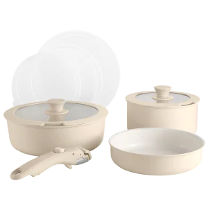 Nine-piece Cookware Set with Detachable Handles, Aluminum Alloy Frying Pan, Oven Safe.