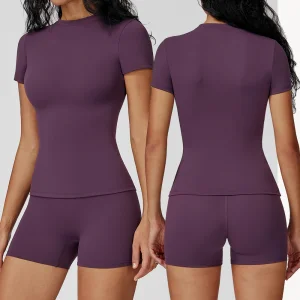 Hot Sell Women Purple Workout Fitness Clothing Yoga Pants Sports T Shirts and Shorts
