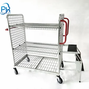 Warehouse Mesh Multi-Tier Order Picking Trolley with Steps and Ladder