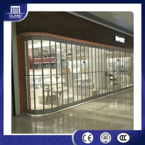 Aluminum Curved Frame Polycarbonate Crystal Transparent Clear Full View PC Horizontal Folding Sliding Door for Shopfront Store Front Shopping Mall