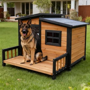 Weatherproof Foldable Wooden Outdoor Indoor Dog House with Spacious Porch and Waterproof Roof