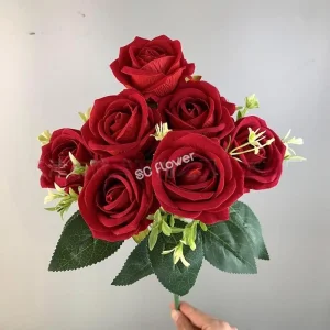 Guangdong Wholesale Red 9 Head Velvet Bouquet Rose Artificial for Party Home Wedding Decor