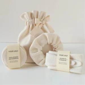 CustomLogo High Quality Reusable 100% Organic Cotton Hypoallergenic Comfortable Facial Cleansing Pad Headband Hair Scrunchie Set