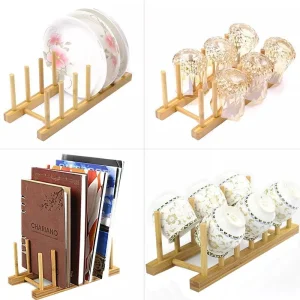 Multifunctional Bamboo Wood Dish Rack Drain/Dry/Storage Plate Rack-Standing Kitchen Rack Cabinet Organizer