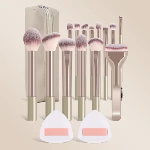 14-Piece Professional Face Makeup Brush Set with Synthetic Hair Flat Brushes Gold Metal Handle Travel Case &amp; Powder Puffs