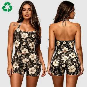 Custom Recycled Bio-based Nylon Florals Print Halter Neck Sports Crop Tank Top Quick Dry No Front Seam Yoga Shorts Leggings Set