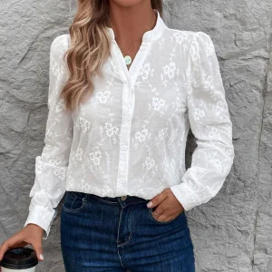 Women's Blouses Shirts Office Women's Stand Collar Shirts Embroidered Chiffon Elegant Blouses Lace Decorated Blouses
