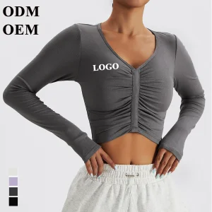 Camiseta de treino feminina de manga longa, cropped, canelada, respirável, para yoga, roupa de fitness, blusa de academia, top de corrida, suéter