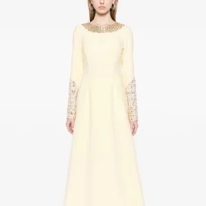 Elegant A-Line Mesh Beaded Satin Evening Dress for Women High Neck Long Sleeve for Ladies' Party