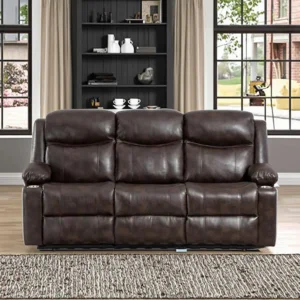 3-Seater Modern Manual Reclining Sofa with Heat Massage Wall-Hugger Design in Brown Fabric Wood Frame for Living Room