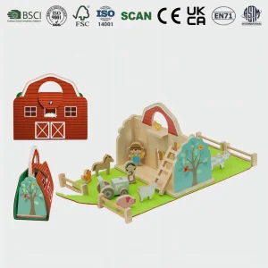 Toddler Wooden Farm Playset Portable Foldable Barn Animals Figures Pretend Play Carry Along Educational Toy for Kids