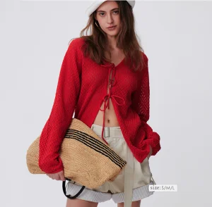 Women's Summer Long Sleeve Lace Up Knit Cardigan