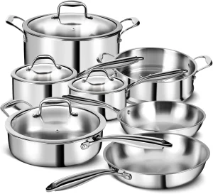 11-Piece Professional Chef Quality Cookware Set 3 Ply Stainless Steel Non-Toxic Lids Dishwasher Safe Gas Induction Ready