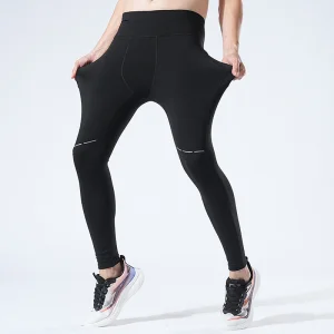 Reflective Fleece Leggings Men Tight Compression Fitness Leggings Multi-Pocket Sports Leggings