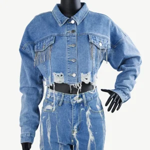 GM03 Women's Vintage Casual Cropped Fringed Short Denim Jackets and Coats with Rhinestone Details