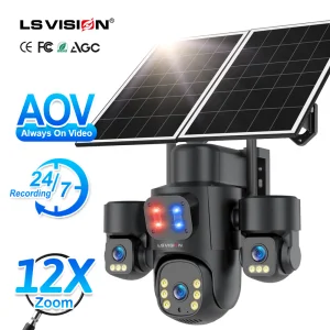 LS VISION HD 6MP 12X Zoom Outdoor AI Three Lens Three Screen AOV IP 4G CCTV Solar Camera Panel PTZ Network Surveillance