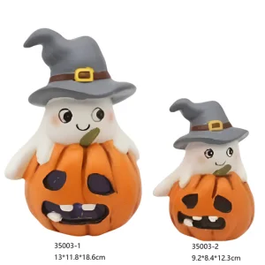 China Ceramic Halloween Genie in Witch Hat Sitting on Pumpkin with Skull Face HDFS7683 Manufacturer, Factories
