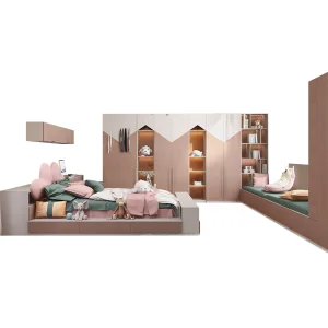 Wooden Pink Girls Customization Wardrobes Desk